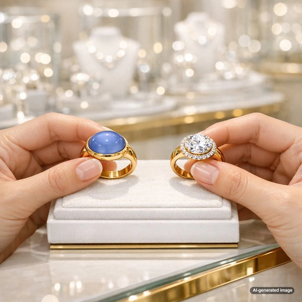 A beautiful comparison showing a smooth domed cabochon gemstone next to a brilliantly faceted gemstone, highlighting their different light effects.