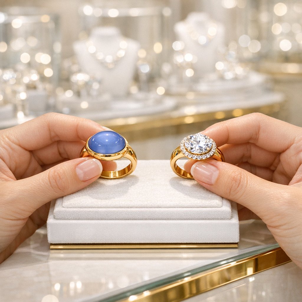 A beautiful comparison showing a smooth domed cabochon gemstone next to a brilliantly faceted gemstone, highlighting their different light effects.