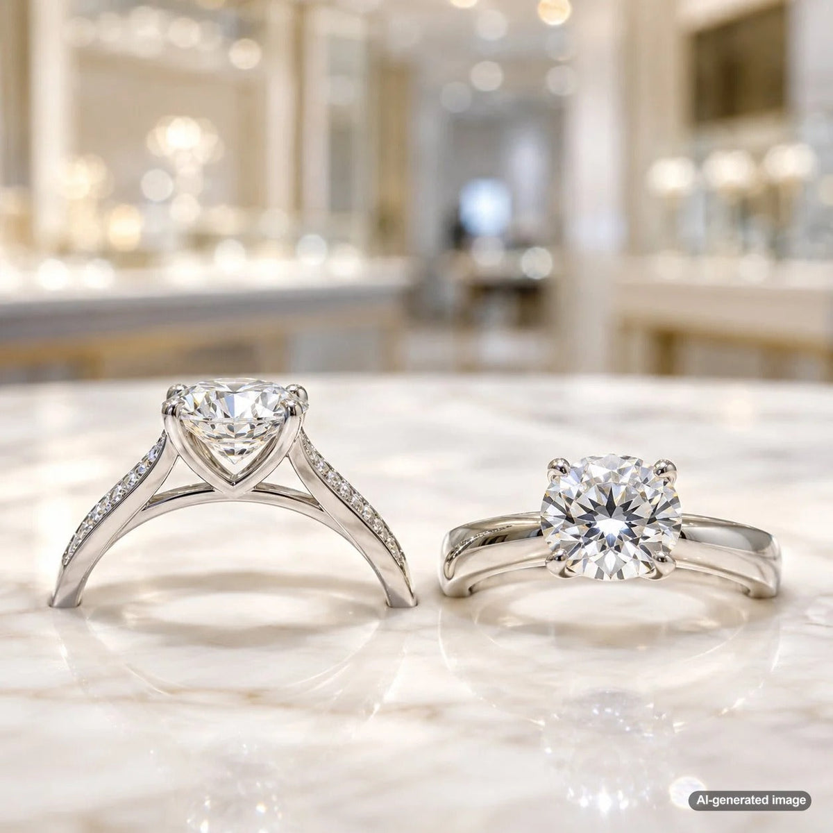 Close-up view comparing the elegant profile of a cathedral-style engagement ring setting