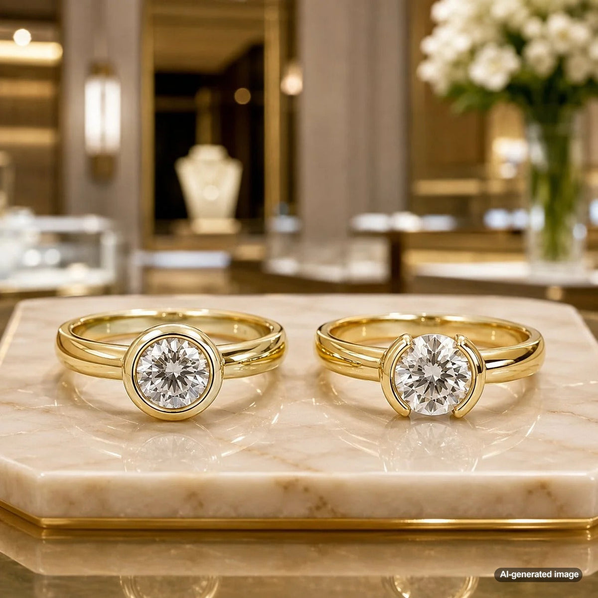 Comparison of full bezel and half bezel jewelry settings showcasing modern and secure ring designs