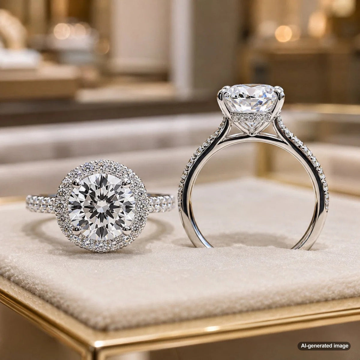A comparison of hidden halo and regular halo diamond engagement rings showing the difference in side profile and top view.