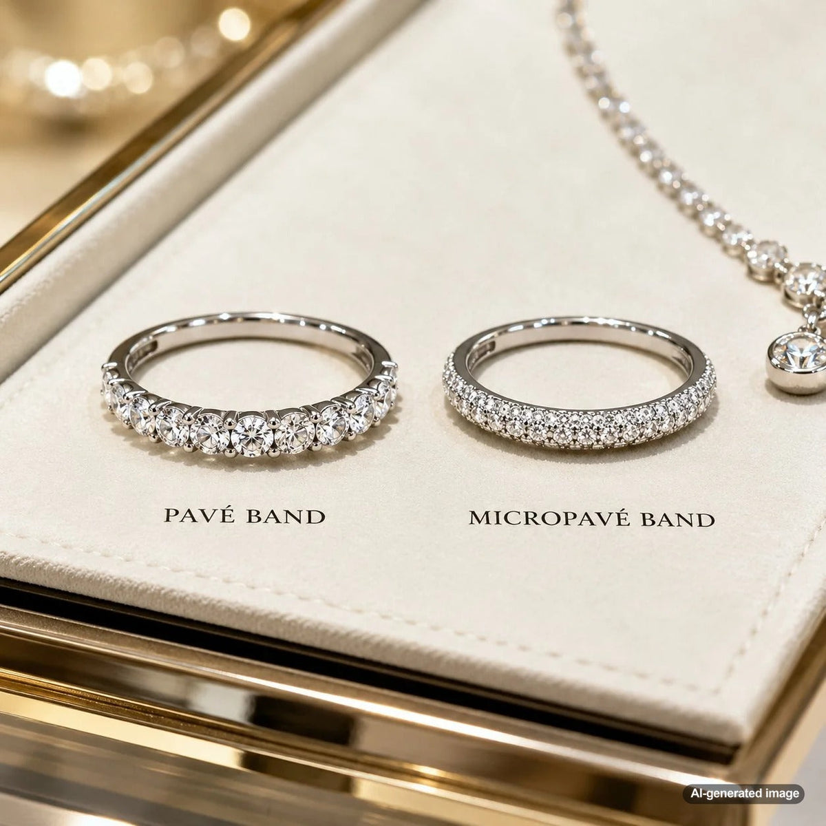 Pav&eacute; band versus micropav&eacute; band comparison shown side by side on diamond rings