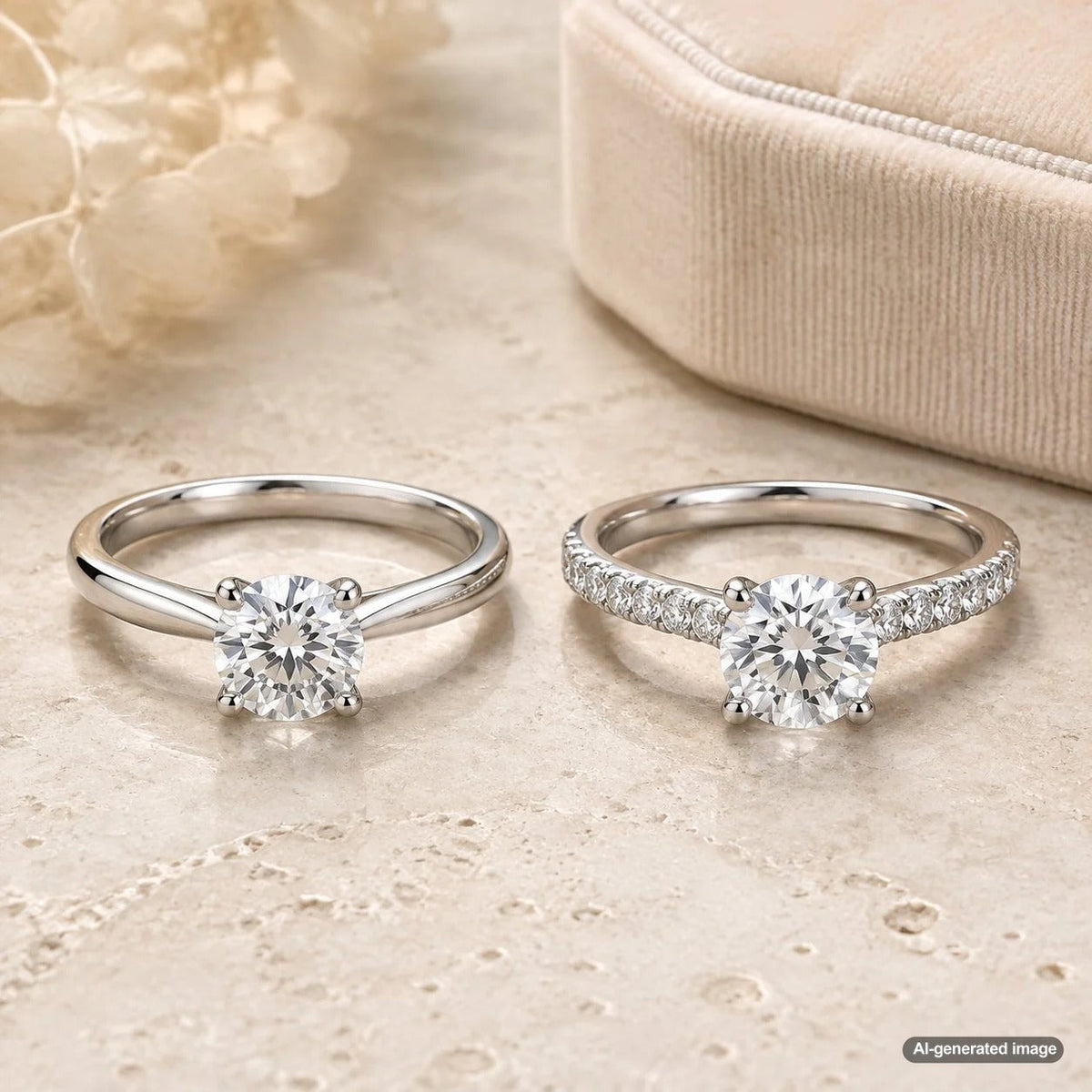 A comparison between a classic solitaire diamond ring and a solitaire ring with accent diamonds, showing the difference in sparkle and design.