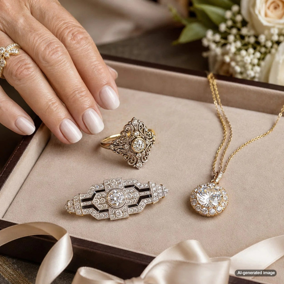 A stunning display of antique, vintage, and estate jewelry showing the difference in styles and eras at Robinson's Jewelers