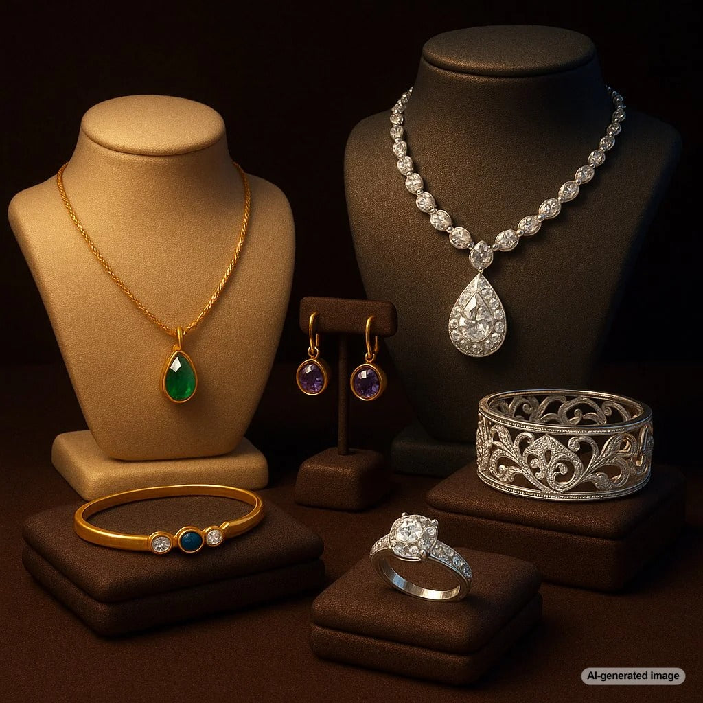 Comparison of fine and luxury jewelry pieces showcasing diamond rings and gemstone necklaces