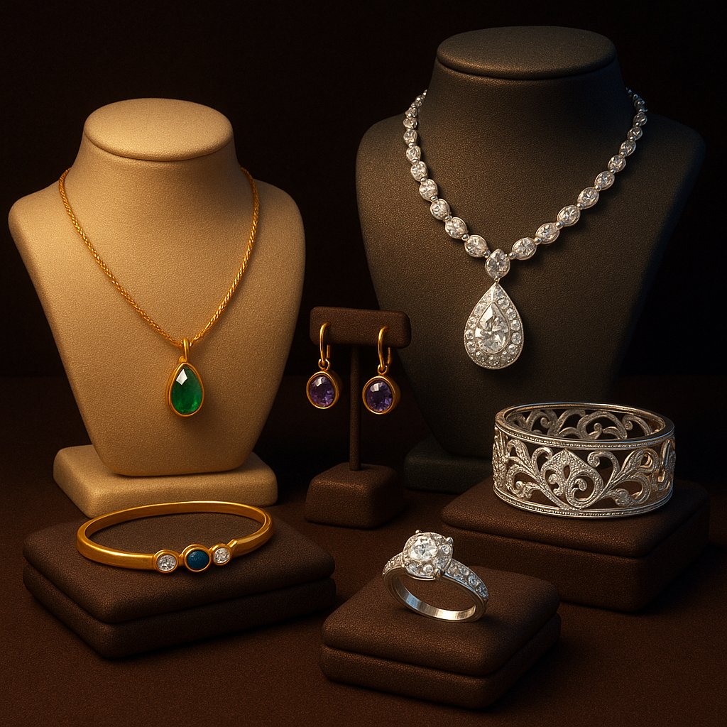Comparison of fine and luxury jewelry pieces showcasing diamond rings and gemstone necklaces
