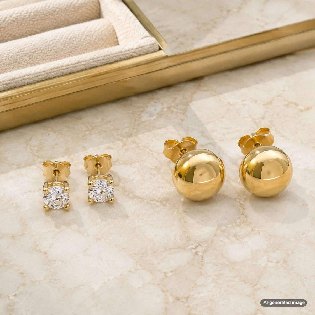 A beautiful comparison of stud and button earrings, showcasing their different sizes and styles on a display at Robinson's Jewelers.