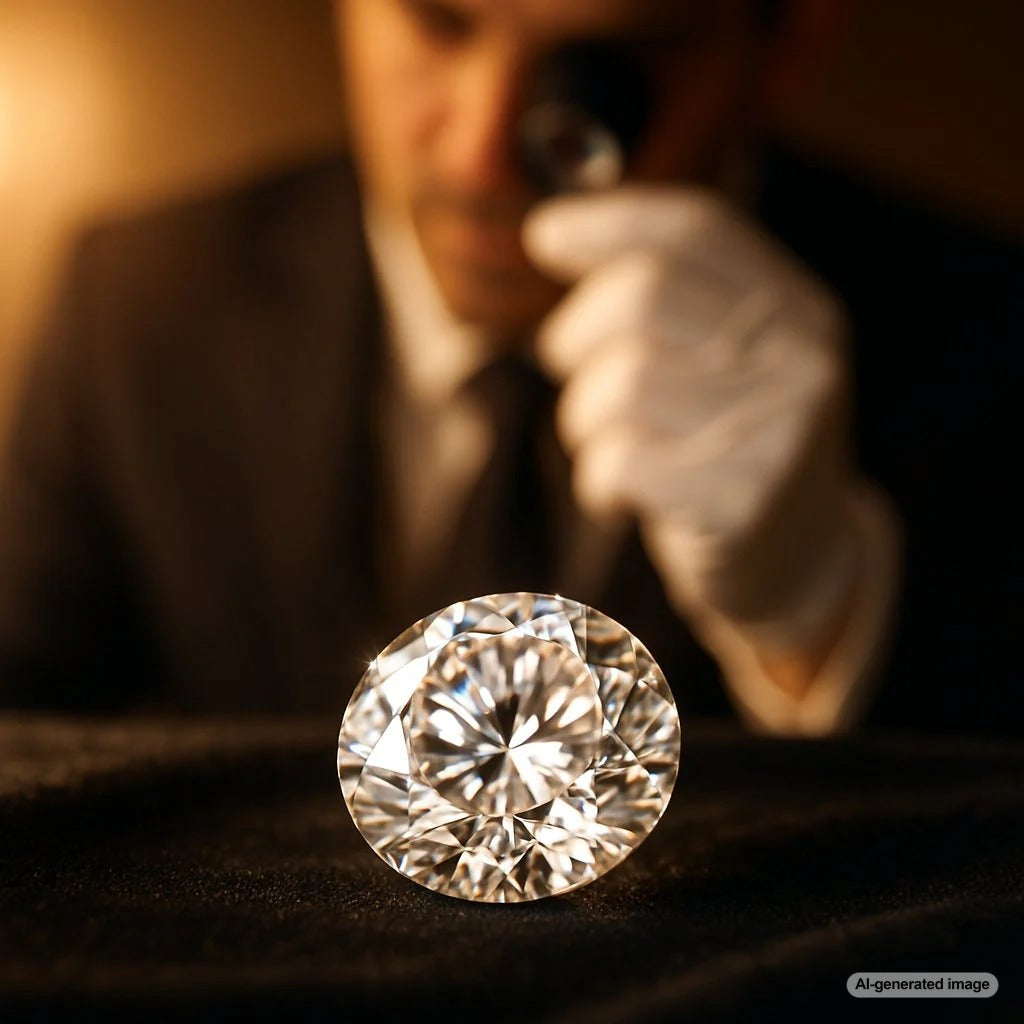 A stunning, perfectly colorless D-grade diamond sparkling under professional lighting