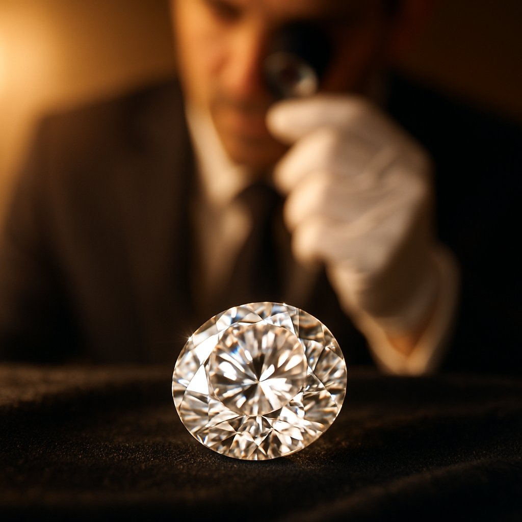 A stunning, perfectly colorless D-grade diamond sparkling under professional lighting