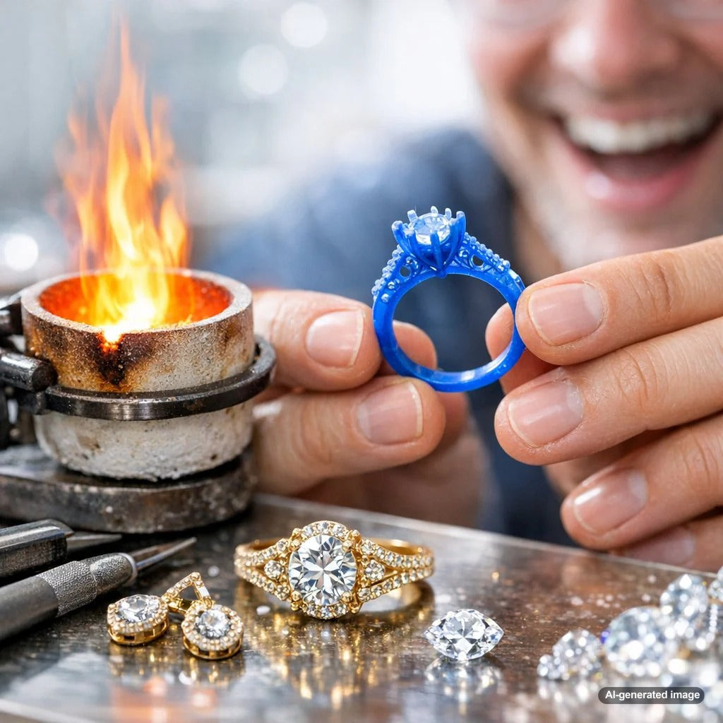 Close-up detail of intricate jewelry being crafted using the lost-wax casting process, showing fine textures and metalwork.