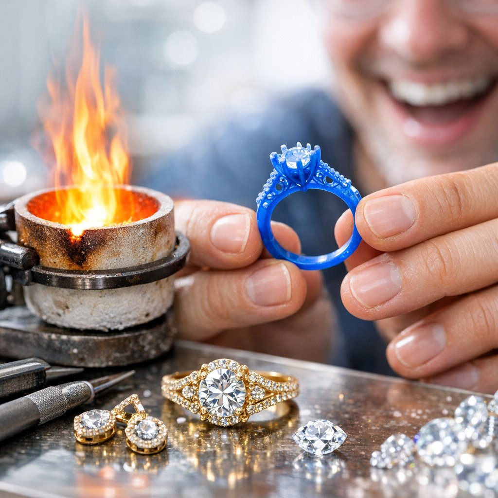 Close-up detail of intricate jewelry being crafted using the lost-wax casting process, showing fine textures and metalwork.