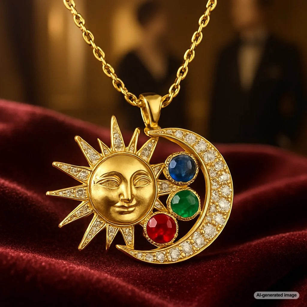 Stunning sun and moon pendant necklace featuring detailed celestial design in gold with diamond accents