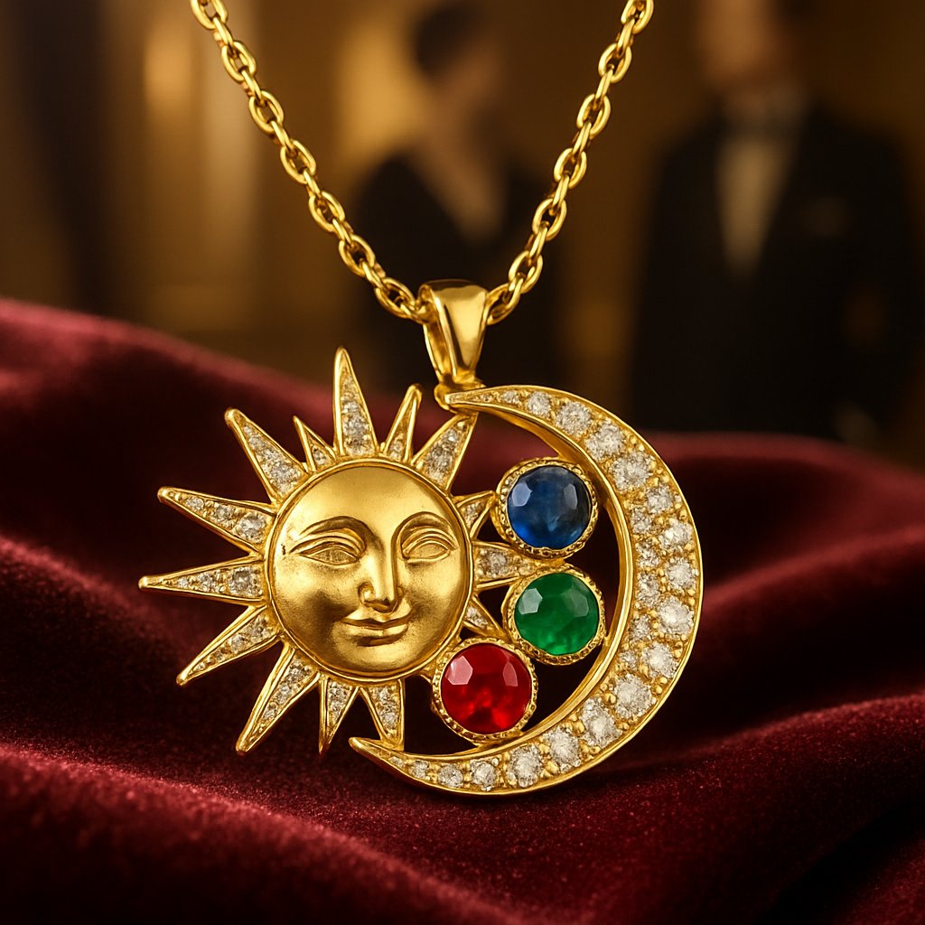 Stunning sun and moon pendant necklace featuring detailed celestial design in gold with diamond accents
