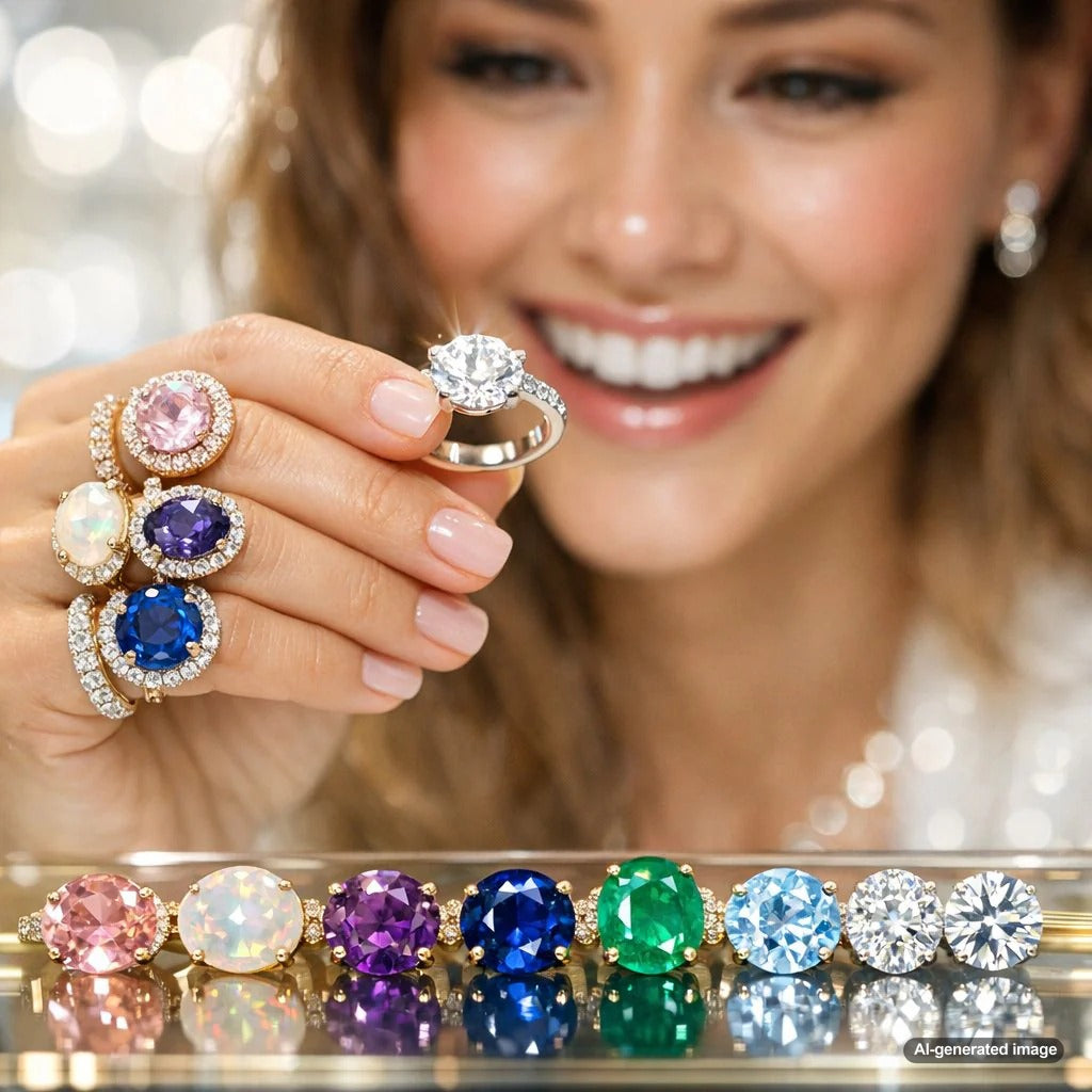 Close-up image of a sparkling diamond ring beside a vintage-looking Mohs Hardness Scale chart, showing gemstones from talc to diamond.