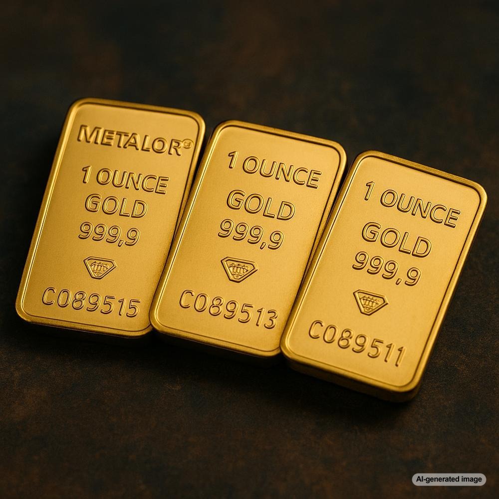 A gleaming 1-ounce gold bar, the most common size for investment and jewelry, displayed elegantly.