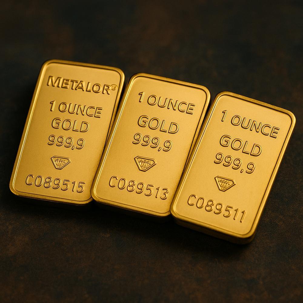 A gleaming 1-ounce gold bar, the most common size for investment and jewelry, displayed elegantly.