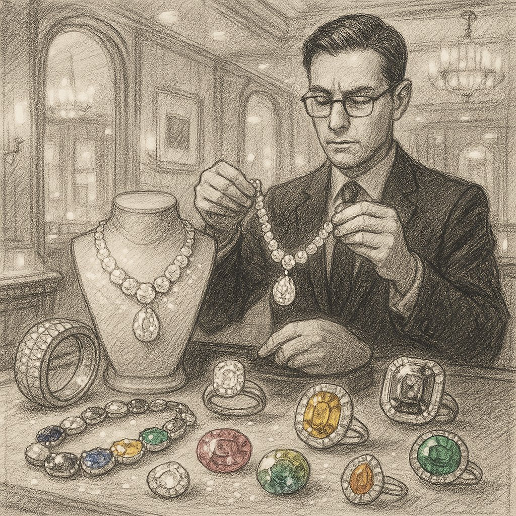 An assortment of dazzling jewelry pieces featuring diamonds and colored gemstones from Robinson's Jewelers collection