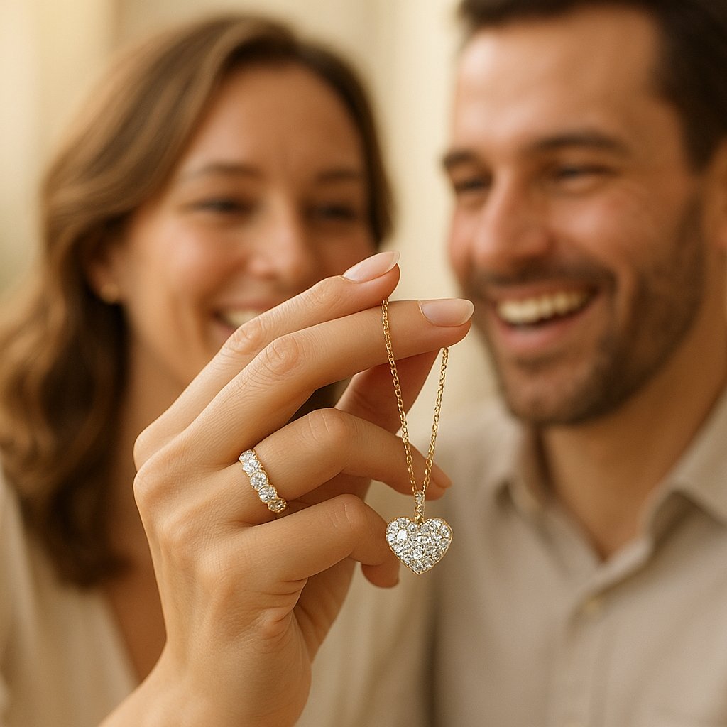 Close-up of various love symbol jewelry pieces including heart pendants, infinity rings, and Claddagh designs