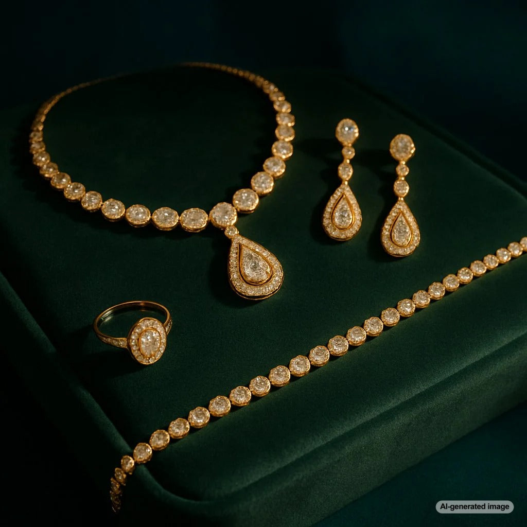 Woman admiring elegant jewelry while reflecting on the psychological connection we have with fine pieces