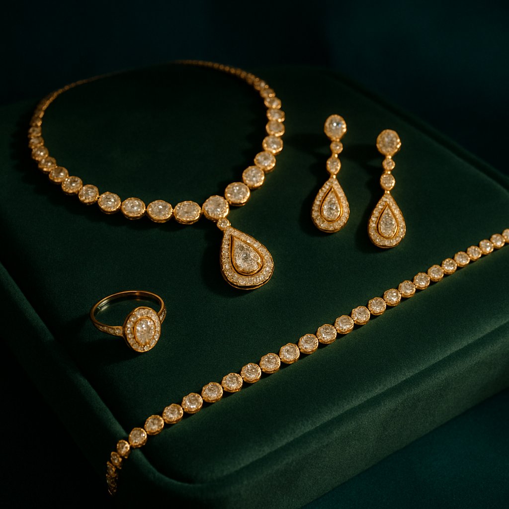 Woman admiring elegant jewelry while reflecting on the psychological connection we have with fine pieces