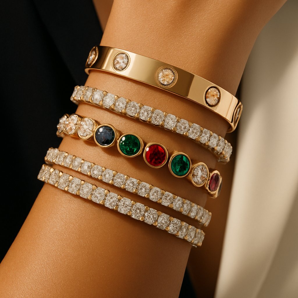 A stylish woman stacking multiple elegant gold and diamond bracelets on her wrist, showcasing personal style and self-expression