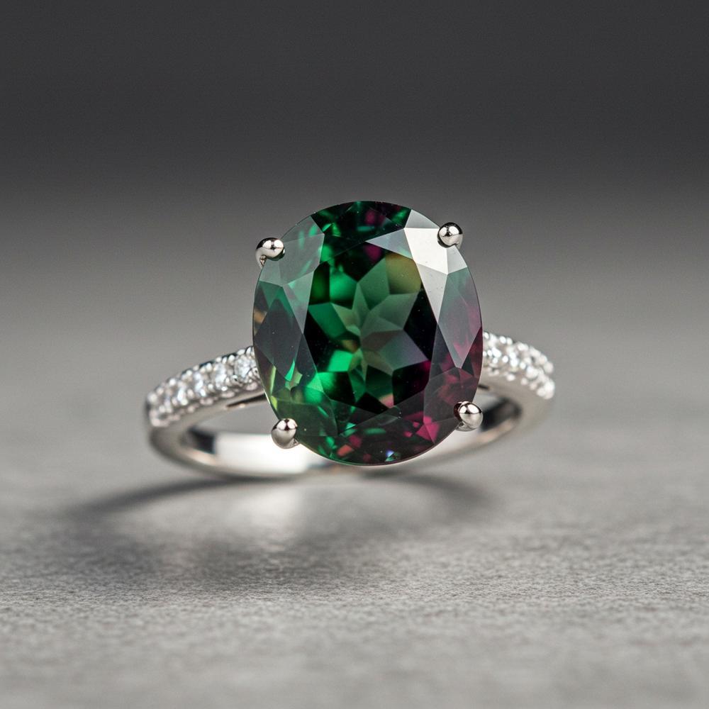 A stunning Alexandrite gemstone displaying its color-changing property from green to reddish-purple.