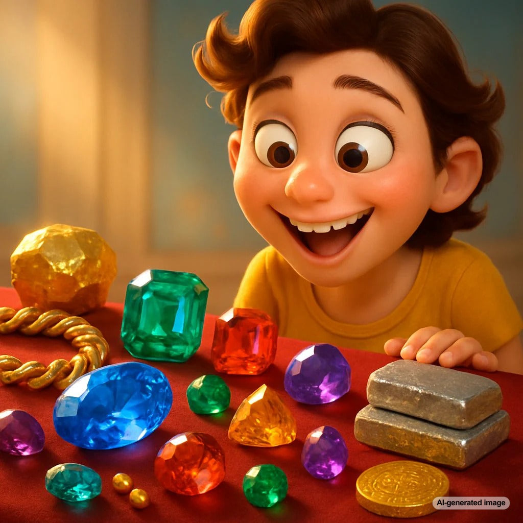 A stunning collection of rare jewelry materials including brilliant rhodium-finished white gold and colorful precious gemstones like alexandrite and red beryl.