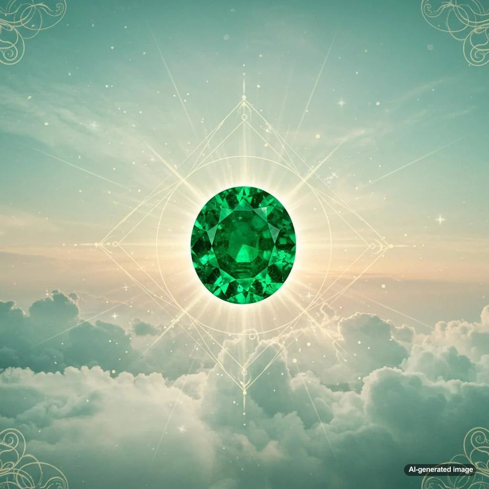 A stunning emerald gemstone set in an elegant gold ring, showcasing its deep green color and spiritual significance.