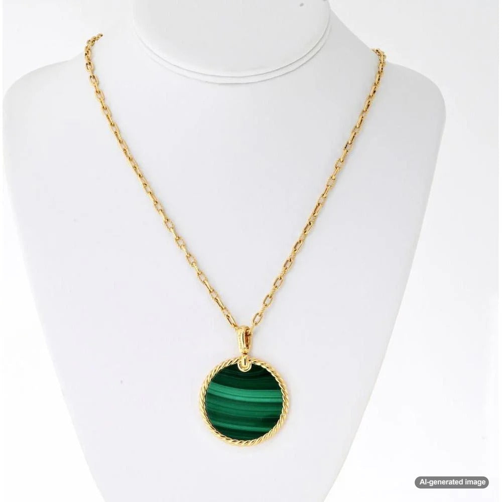 Close-up of a stunning malachite gemstone showing its characteristic green swirls and bands, set in elegant jewelry