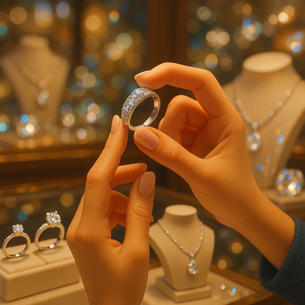 Close up of a brilliant white gold and diamond ring showcasing its silvery finish
