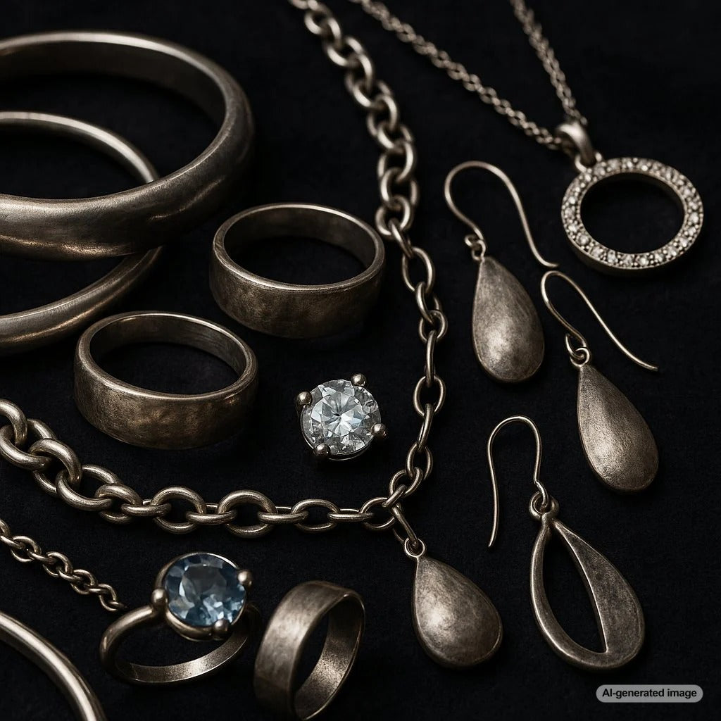 Close-up of nickel-free jewelry options including earrings, rings, and bracelets for sensitive skin