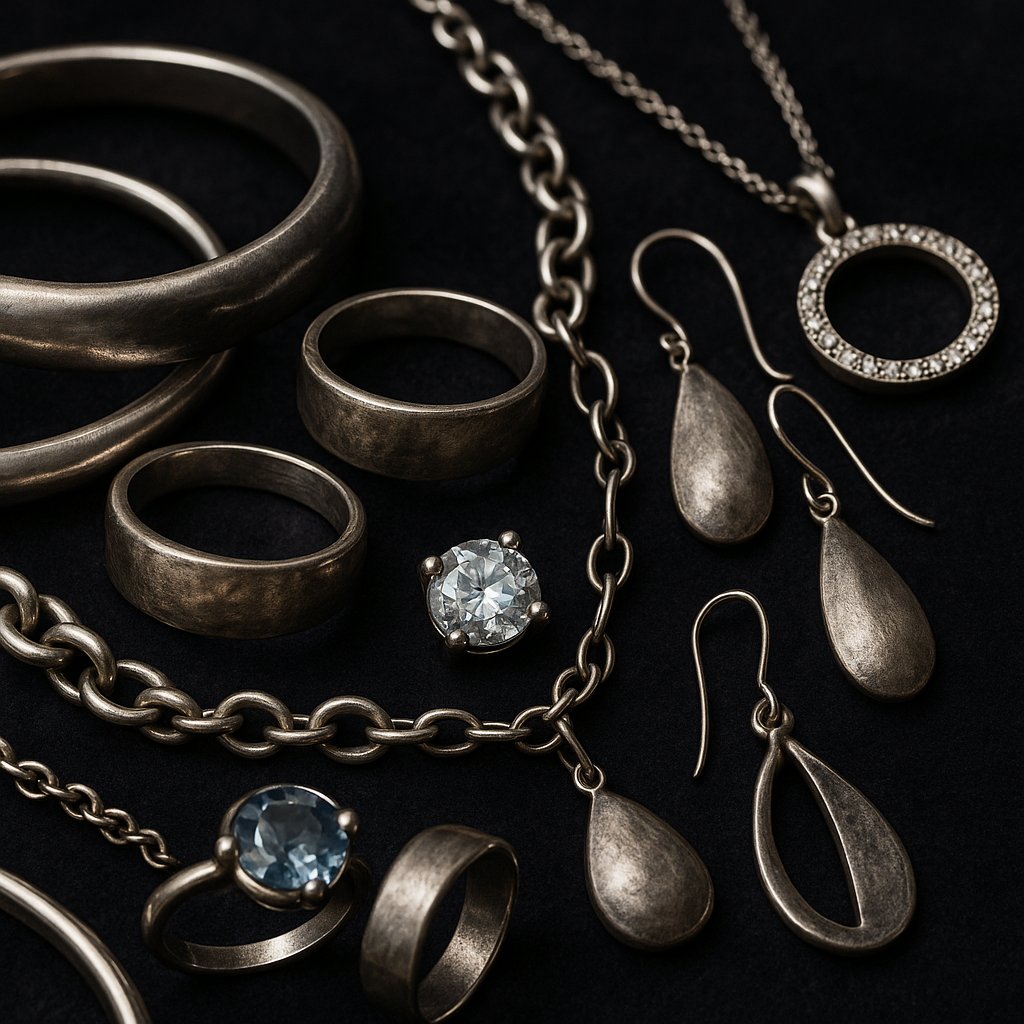 Close-up of nickel-free jewelry options including earrings, rings, and bracelets for sensitive skin