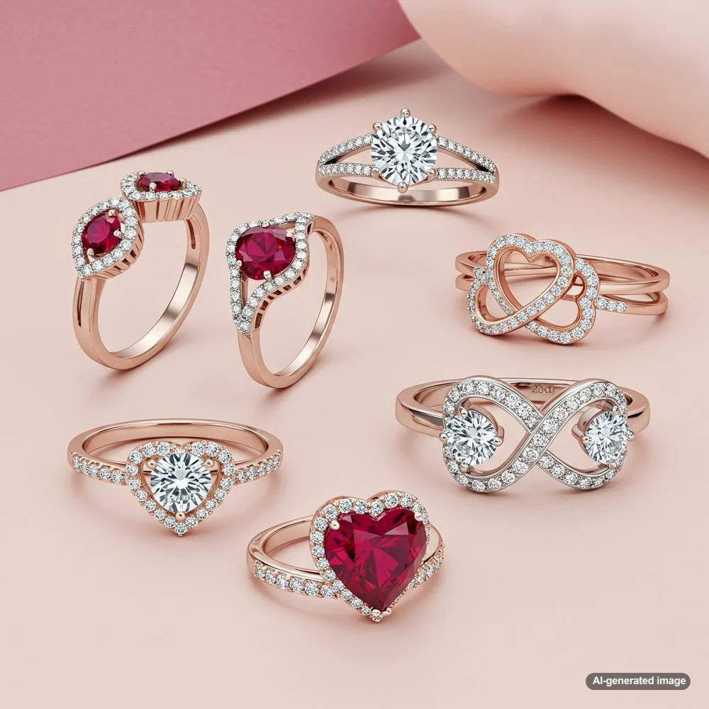 Elegant jewelry pieces symbolizing love including heart pendants, diamond rings, and eternity bands beautifully arranged