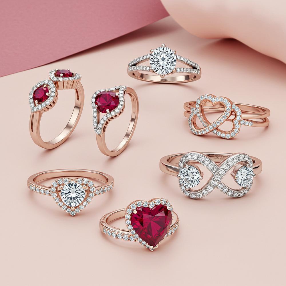 Elegant jewelry pieces symbolizing love including heart pendants, diamond rings, and eternity bands beautifully arranged