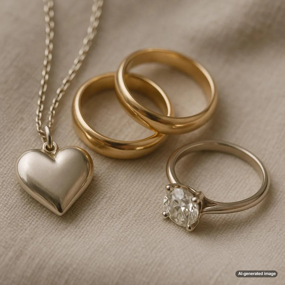Elegant jewelry pieces symbolizing love including heart pendants, diamond rings, and eternity bands