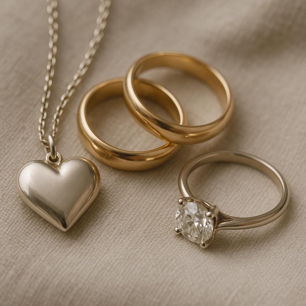 Elegant jewelry pieces symbolizing love including heart pendants, diamond rings, and eternity bands