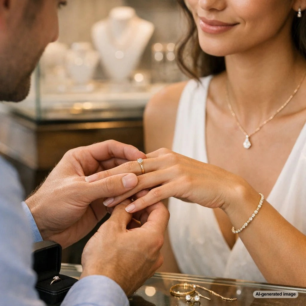 Woman packing a small carry-on suitcase with a curated selection of jewelry including a ring, pendant necklace, and hoop earrings on a tray