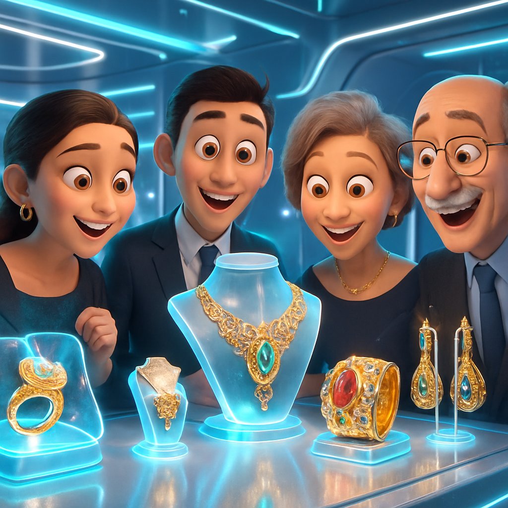 Futuristic concept art of smart jewelry and classic diamond pieces merging together