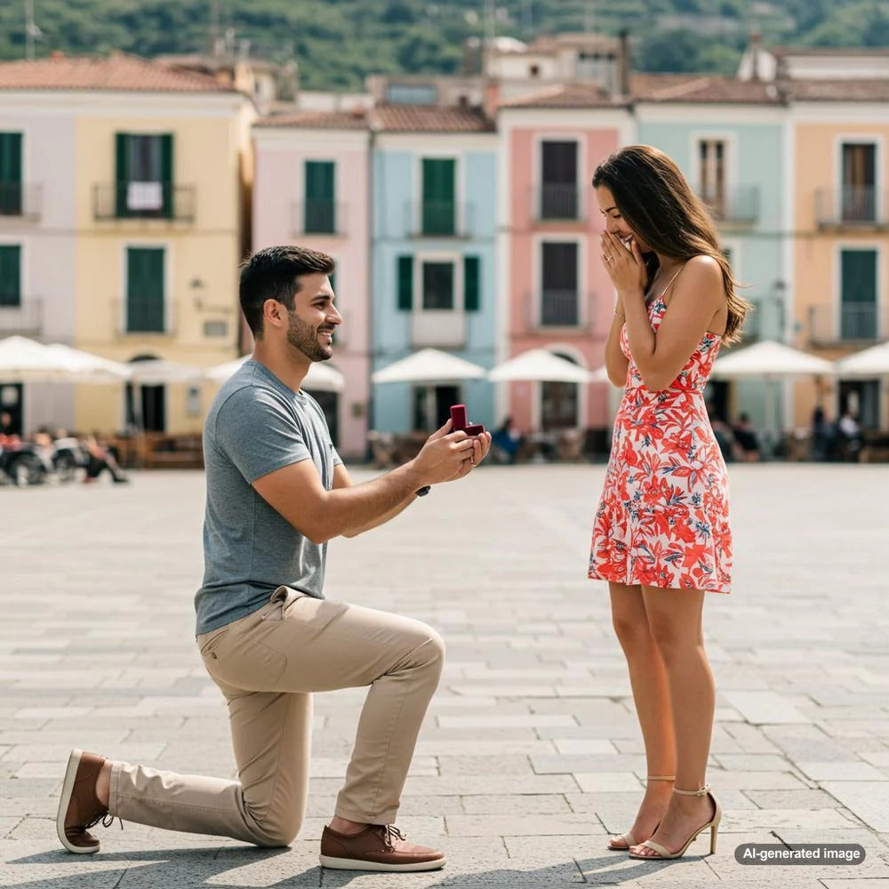 A couple sharing a romantic moment during a marriage proposal, with a stunning diamond engagement ring in focus