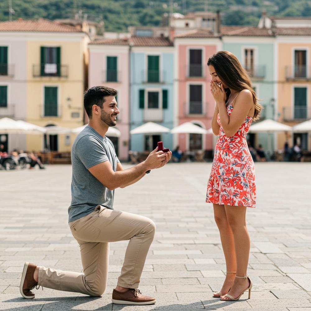 A couple sharing a romantic moment during a marriage proposal, with a stunning diamond engagement ring in focus
