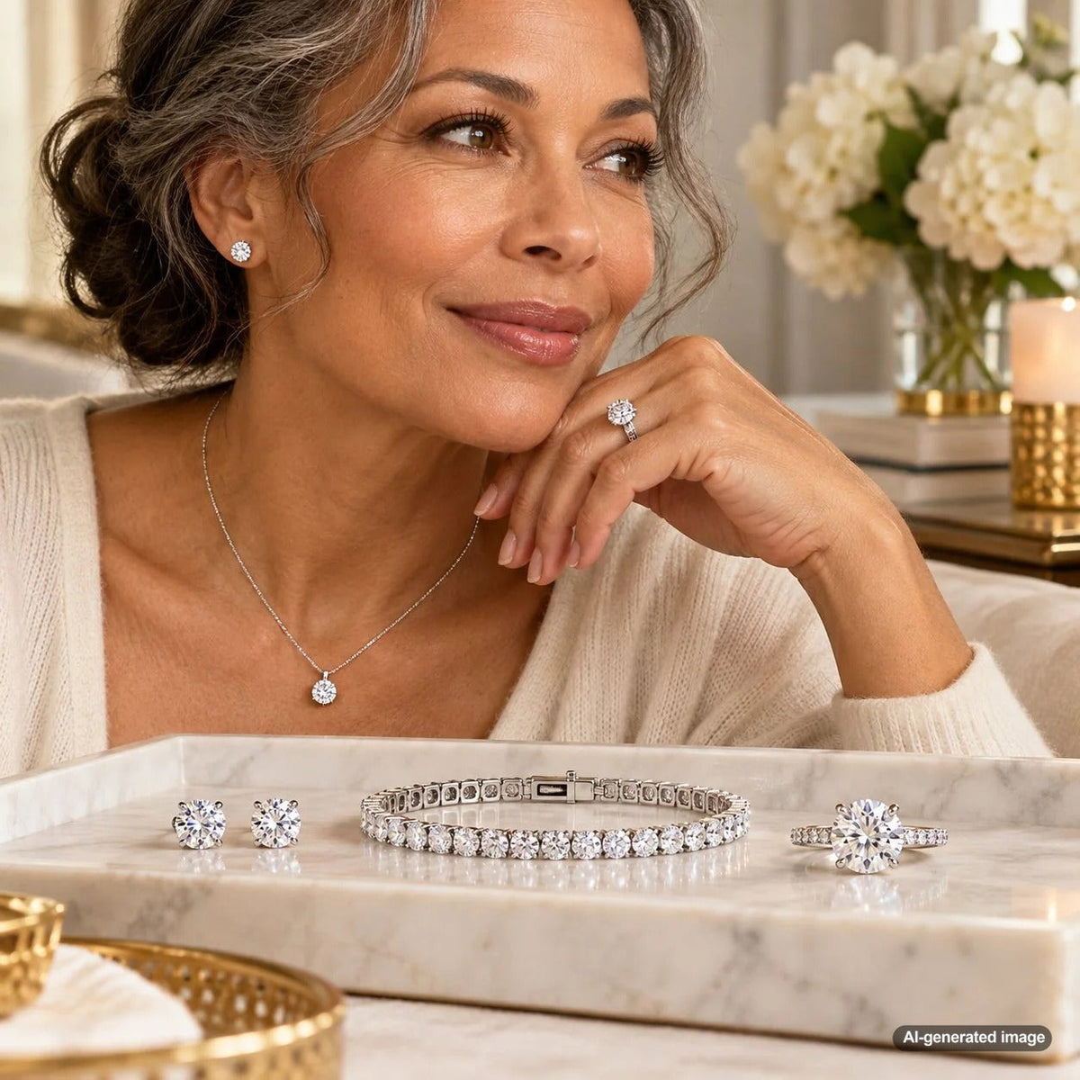 Lab-grown diamond jewelry buying guide comparing sparkling diamond stud earrings, tennis bracelets, necklaces, and rings for a first fine jewelry purchase