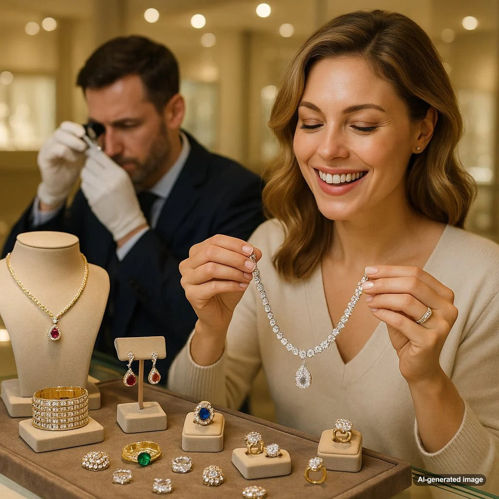 Close-up of a designer's hand sketching an original jewelry design next to sparkling finished rings, representing creativity and copyright protection.