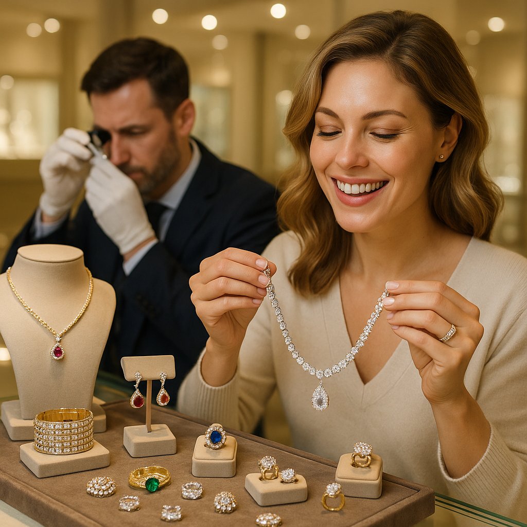 Close-up of a designer's hand sketching an original jewelry design next to sparkling finished rings, representing creativity and copyright protection.