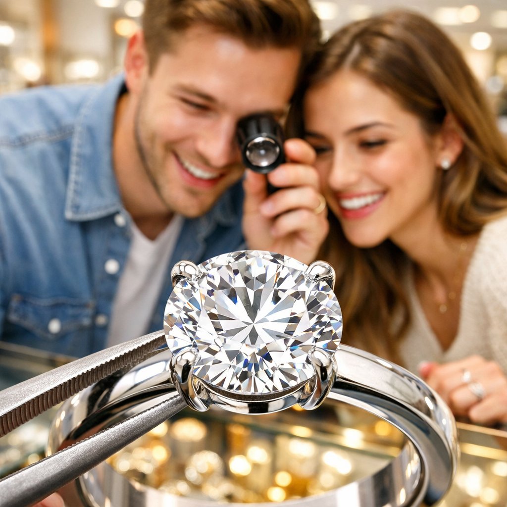 Close-up comparison of an eye-clean diamond versus a heavily included diamond, showing brilliant sparkle and saving money concept