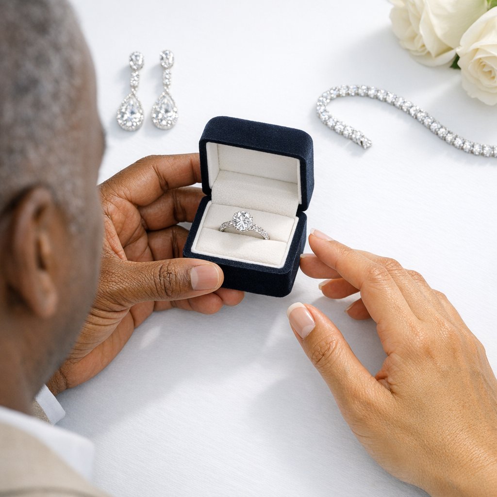 A dazzling diamond engagement ring showing bright white brilliance and colorful fire sparkles