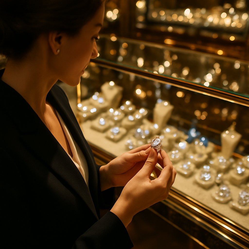 Close up of a brilliantly shining round cut diamond engagement ring catching the light
