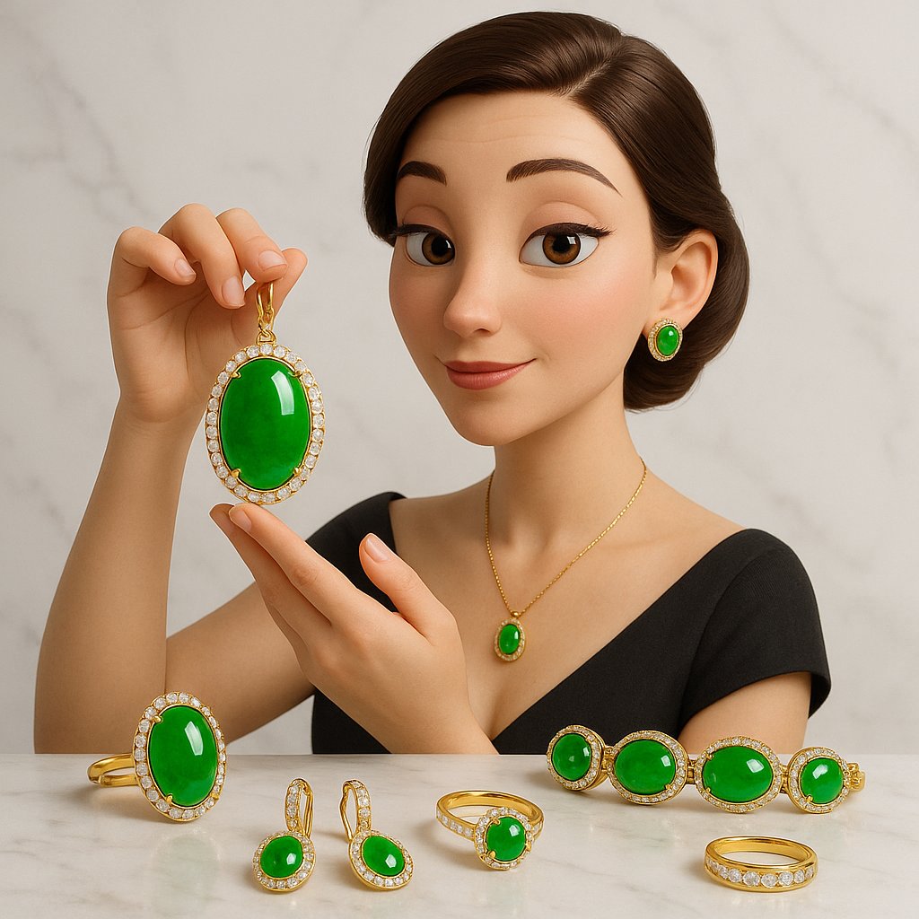 Stunning imperial green jadeite jade bangle bracelet and jewelry pieces showcasing the vibrant color and translucency