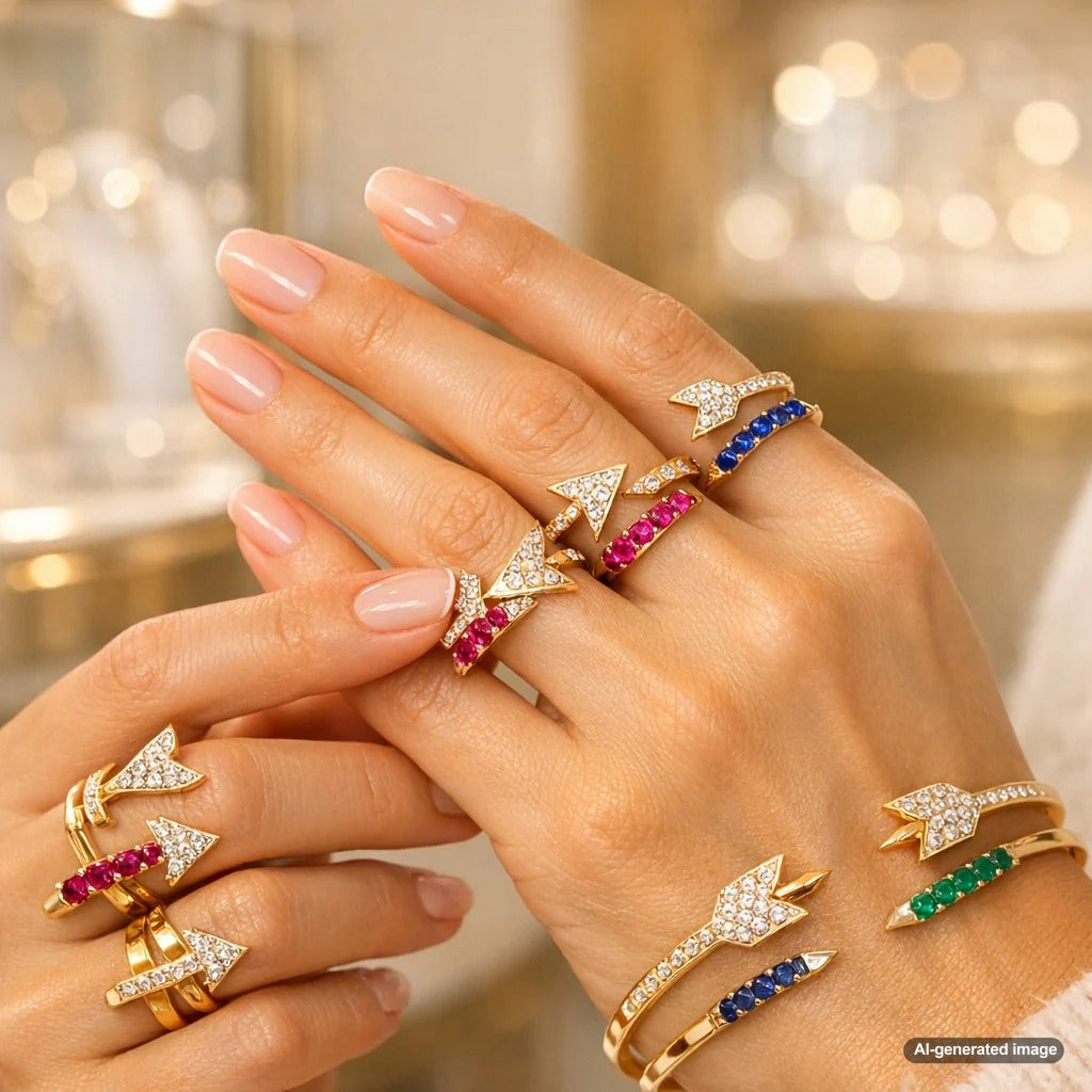A stunning collection of gold and diamond arrow-shaped rings and cuff bracelets displayed on a velvet background