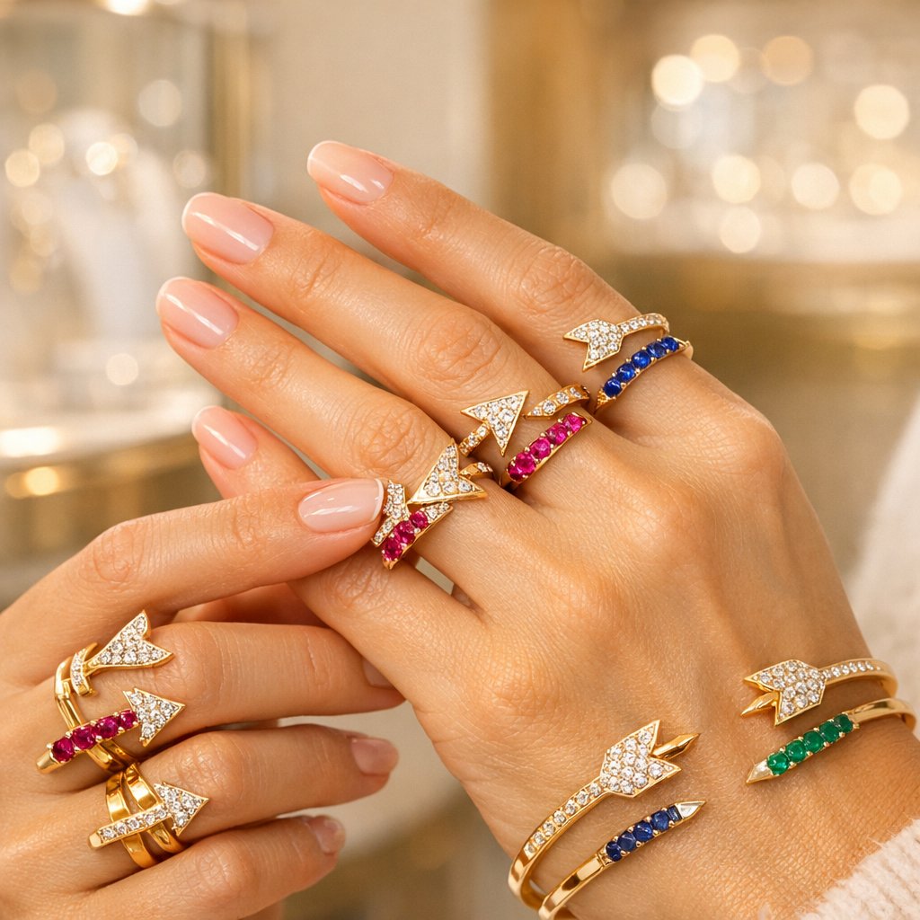 A stunning collection of gold and diamond arrow-shaped rings and cuff bracelets displayed on a velvet background