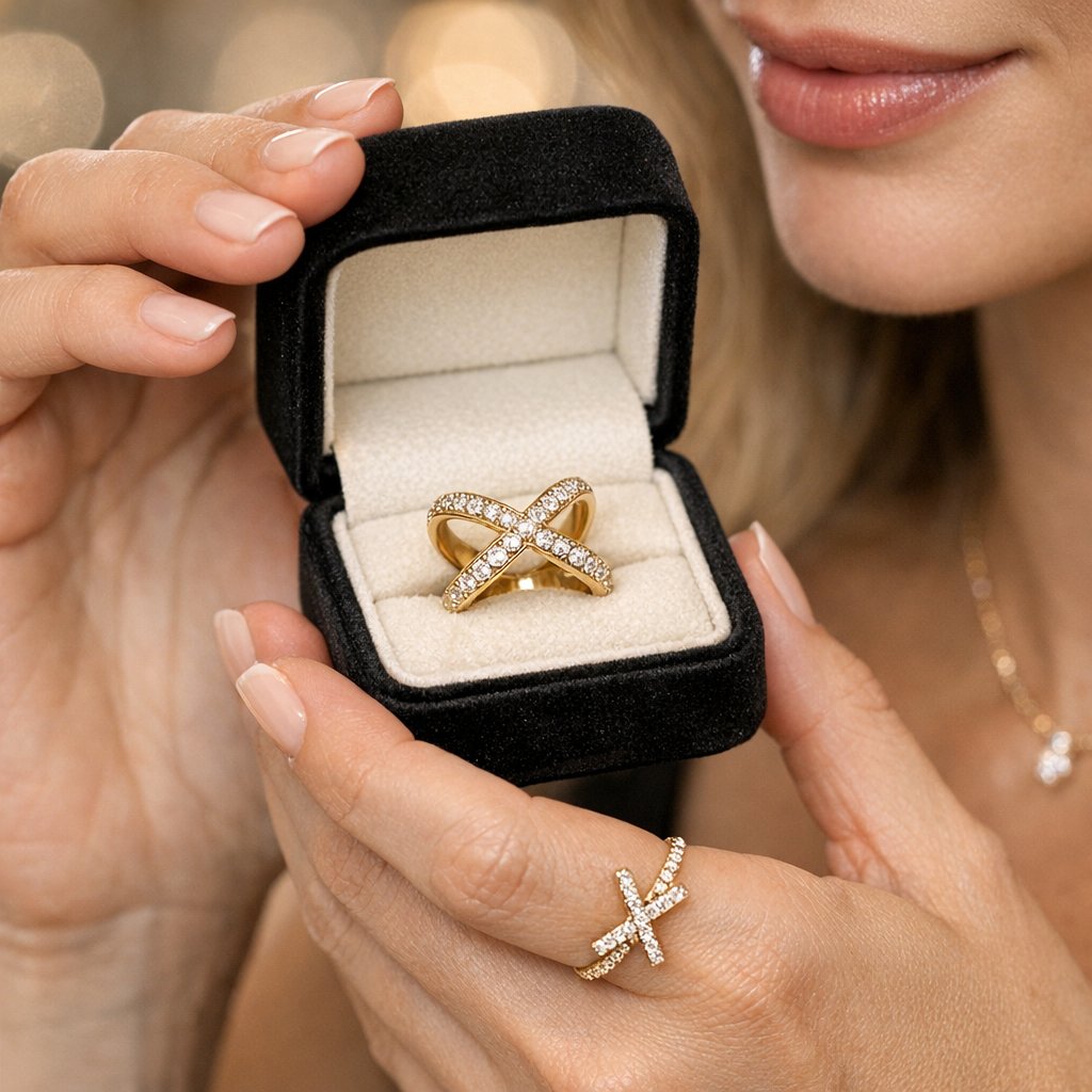 Close up of an elegant diamond and gold X shaped letter pendant necklace displayed on a light blue surface.
